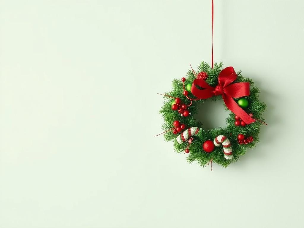 A realistic high-resolution photo of a beautifully handcrafted holiday wreath, adorned with red and green decorations, set against a simple, clean background. The wreath should be the central focus, showcasing its intricate details and vibrant colors, inviting the viewer to appreciate its craftsmanship.