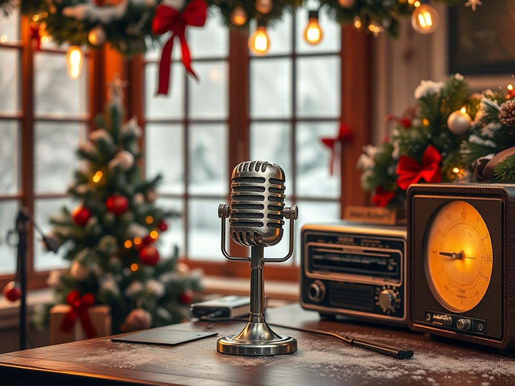 Create a photorealistic image capturing a vintage radio studio setup with a festive Christmas theme. The scene should include a classic microphone, a cozy holiday decor with garlands and lights, and a backdrop of snowy windows. The atmosphere should evoke warmth and nostalgia, with rich colors like deep reds and greens. The composition should focus on the microphone as the main subject, surrounded by the holiday decorations, inviting viewers to feel the spirit of the Christmas Radio Show.