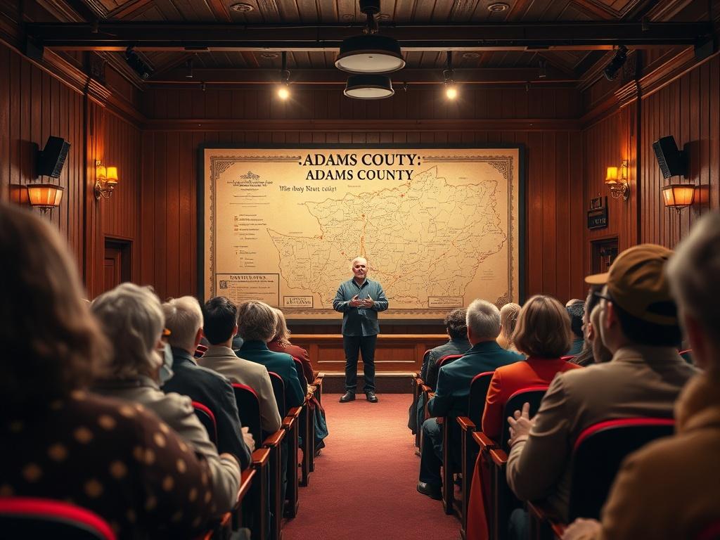 A realistic high-resolution image of a historical presentation in a community theatre setting. The focus should be on a presenter engaging with an audience, showcasing a vintage map of Adams County in the background. The presenter should be animated and enthusiastic, with bright spotlighting that highlights the scene. The audience should appear intrigued and engaged, seated in a traditional theatre setup. The overall color scheme should feature bold vibrant colors in an inviting atmosphere, with the primary